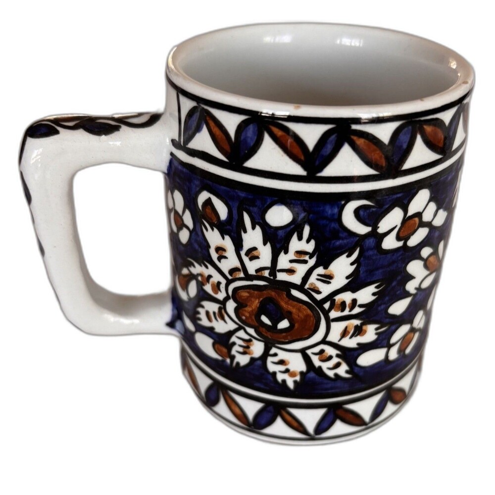 Vintage Greek Rhodes Pottery Mug Blue Floral Handmade Iznik Coffee Cup 10oz